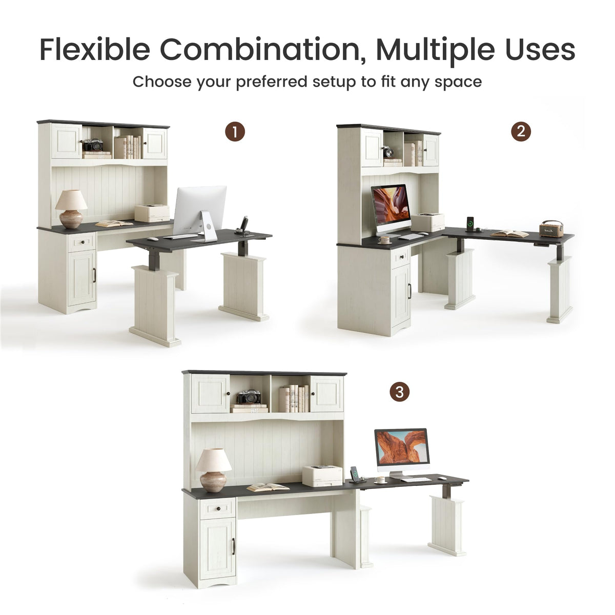 L Shaped Electric Standing Desk with Hutch and Drawers, Antique White K76885