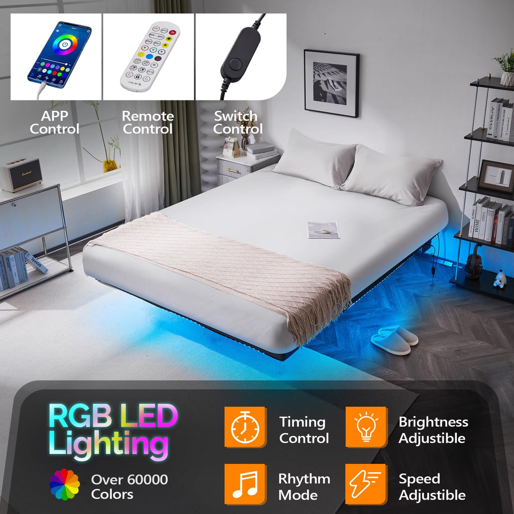 14 Inch Full Floating Bed Frame with USB Charging Station and LED Lights J9373