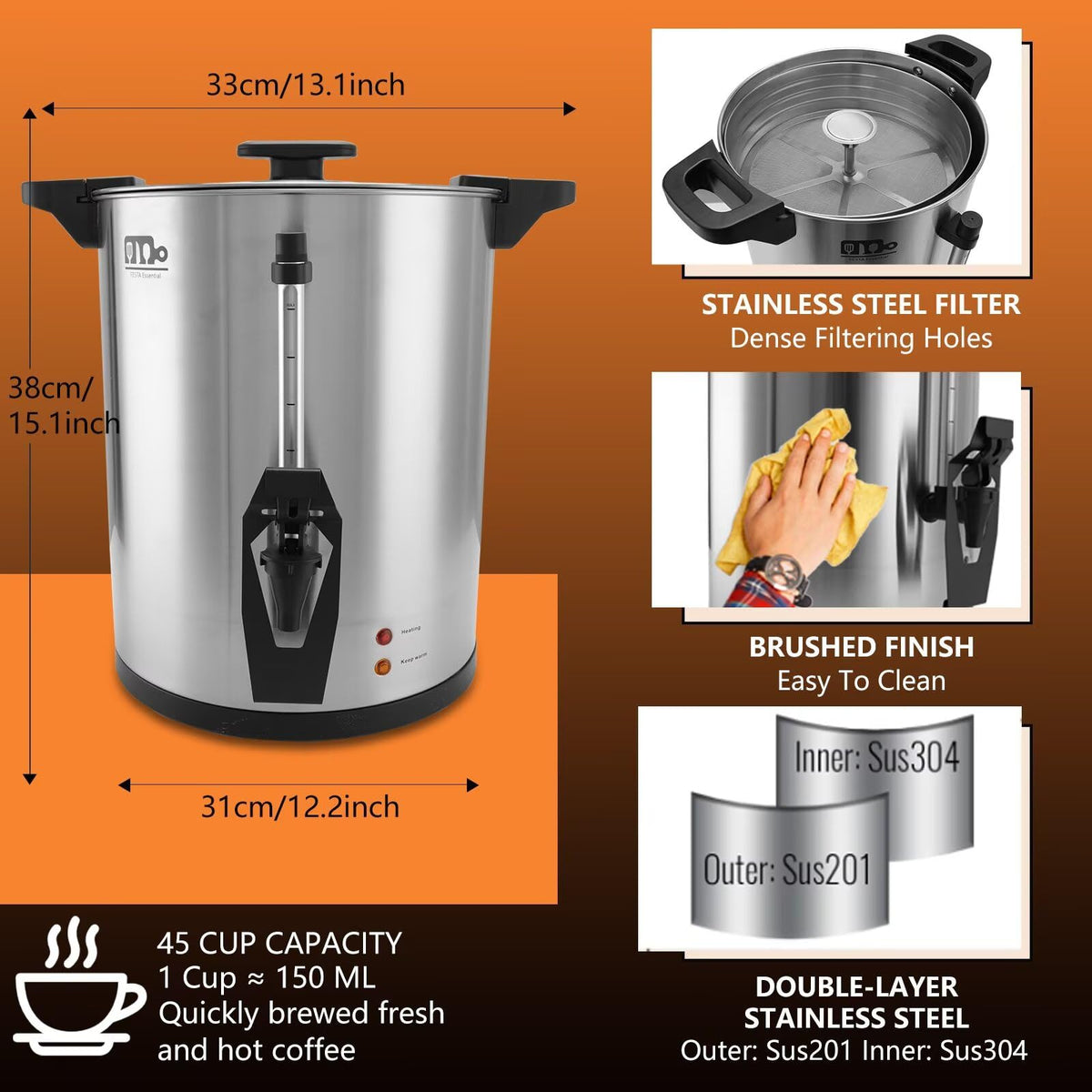 45 Cup 8L Commercial Coffee Urn 950W Hot Beverage Dispenser with Double Faucet R663214