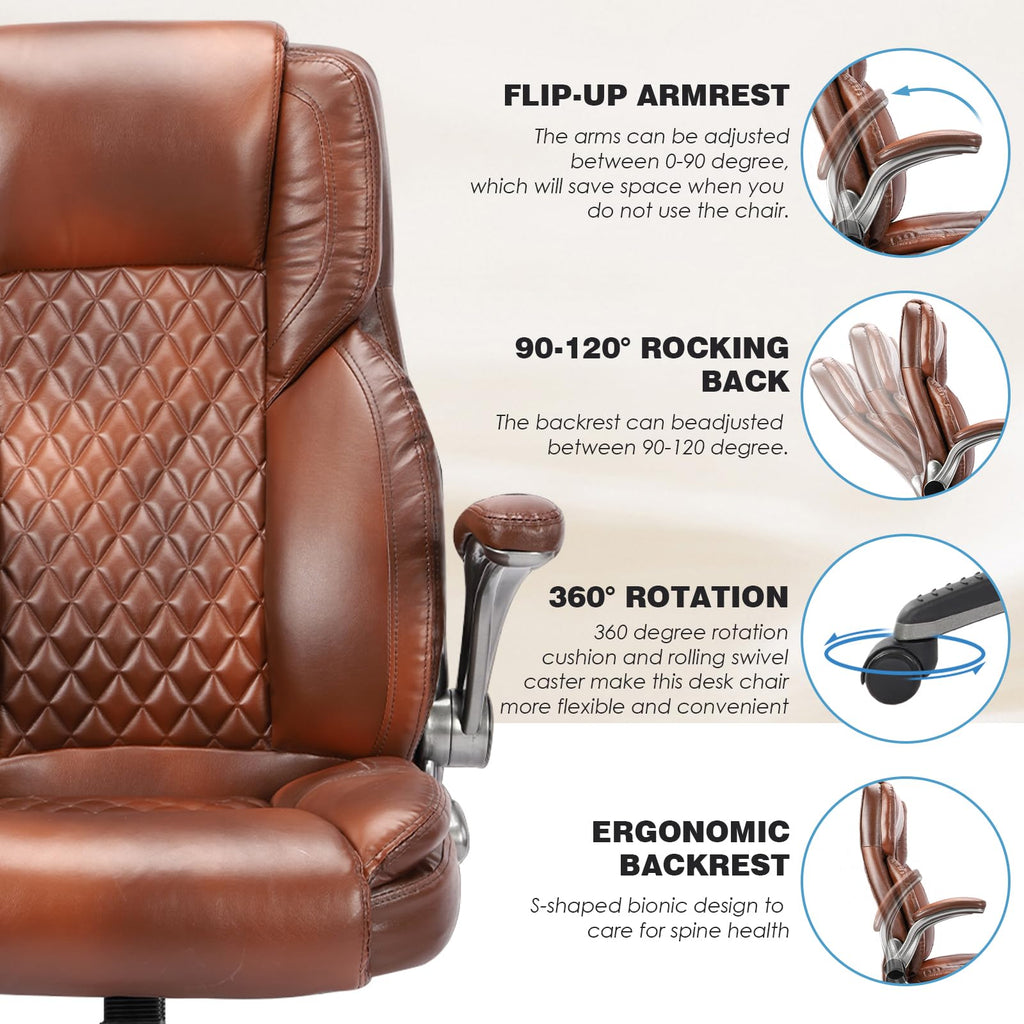 Brown Leather Executive Office Chair with Flip up Arms J283