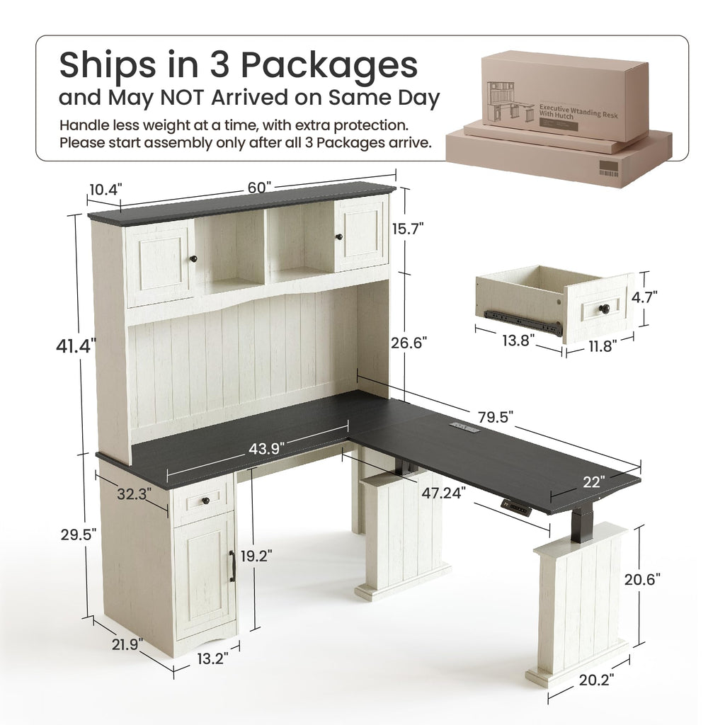 L Shaped Electric Standing Desk with Hutch and Drawers, Antique White K76885