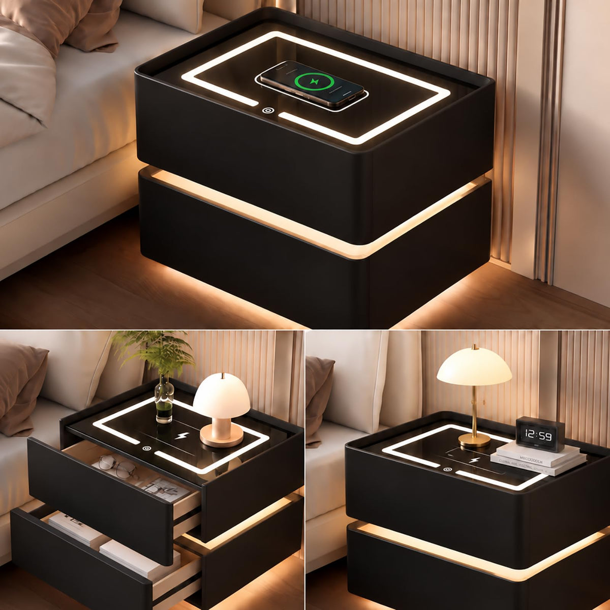 Black Solid Wood Nightstand with Wireless Charging and Drawers N204