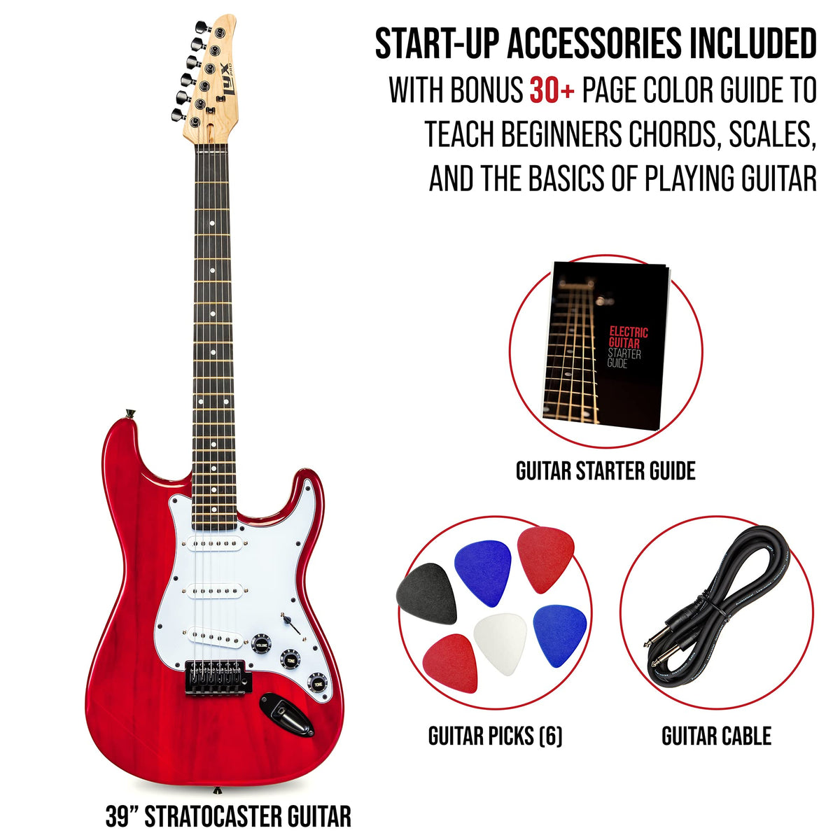 39” Electric Guitar Kit with Amp Cable, 6 Picks, Solid Wood Body, Red L754715
