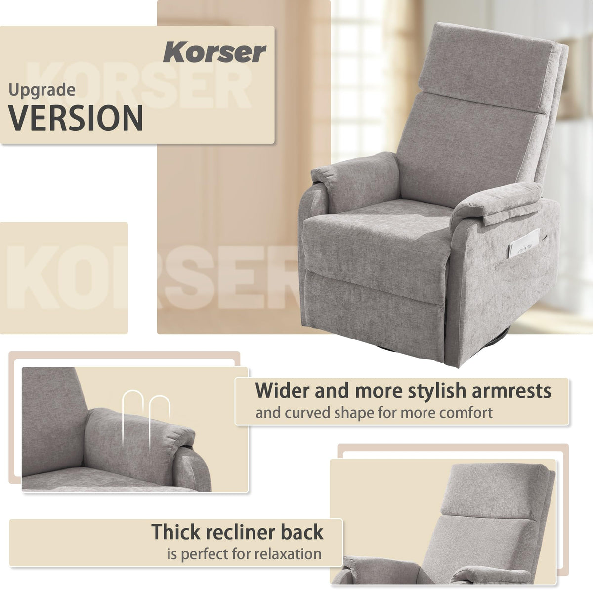 Chenille Grey Swivel Rocking Recliner Chair H2168