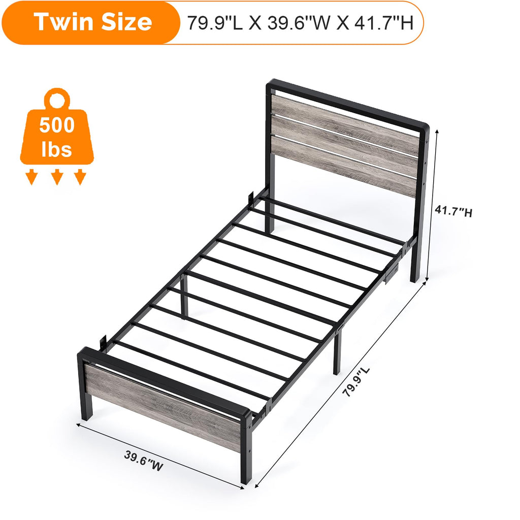 Twin Bed Frame Set of 2 with LED Headboard and USB Charging Station A4772
