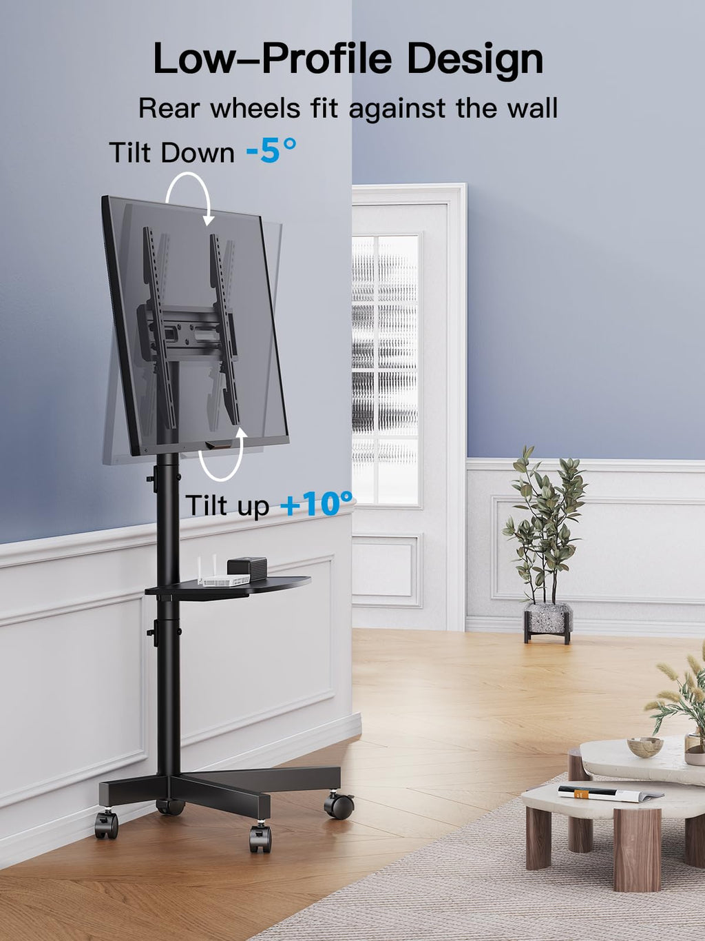 Rolling TV Stand on Wheels for 23-65 Inch TVs, Tilt Mobile TV Cart Holds up to 99 lbs with Adjustable Height Shelf E1197