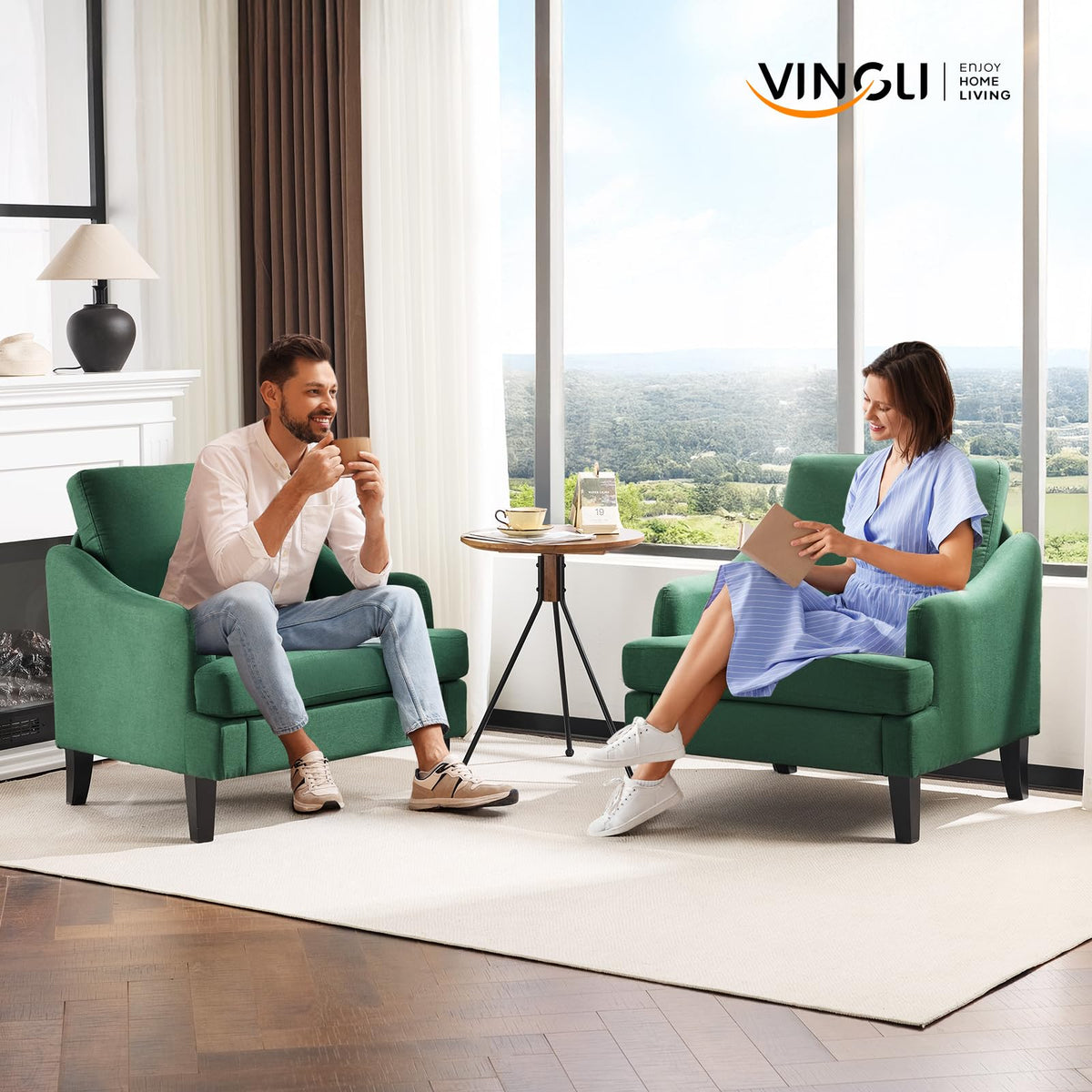 Green Linen Fabric Accent Chairs Set of 2 W67356