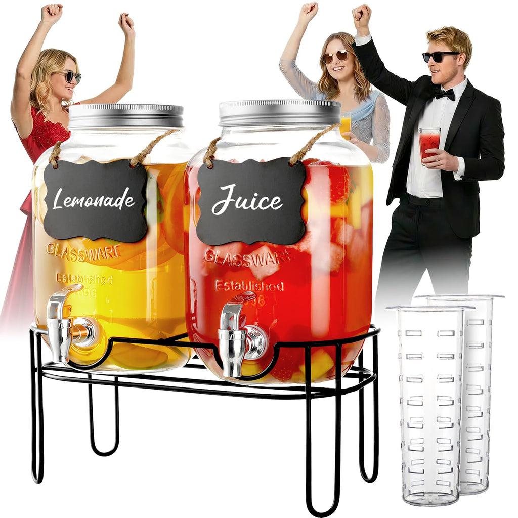 1 Gallon Glass Drink Dispenser 2 Pack with Fruit Infuser and Stand K358379
