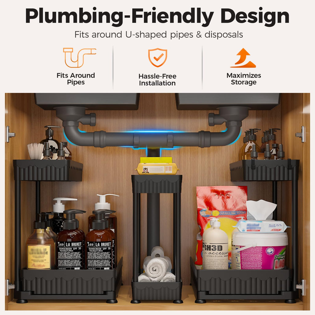 3-Pack 2-Tier L-Shaped Under Sink Organizers with Sliding Drawers U682