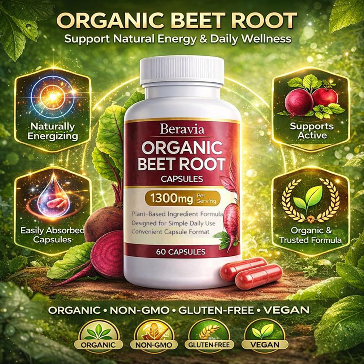 Organic Beet Root Capsules 1300 mg 60 Capsules U573462