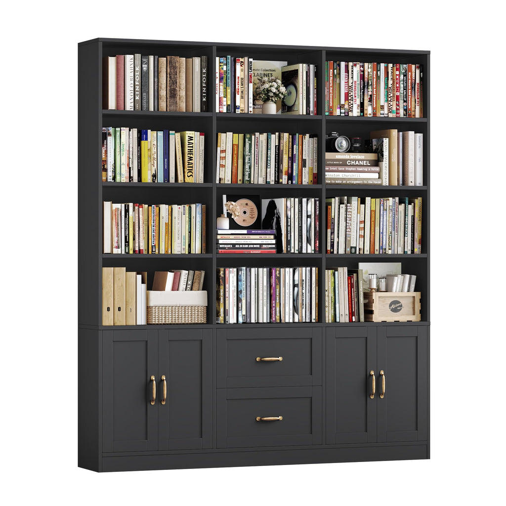 Black Tall Bookshelf with Storage Drawers & Doors Y9476