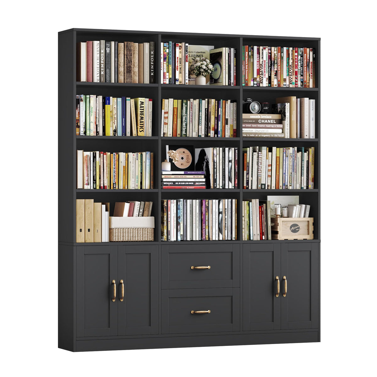 Black Tall Bookshelf with Storage Drawers & Doors Y9476