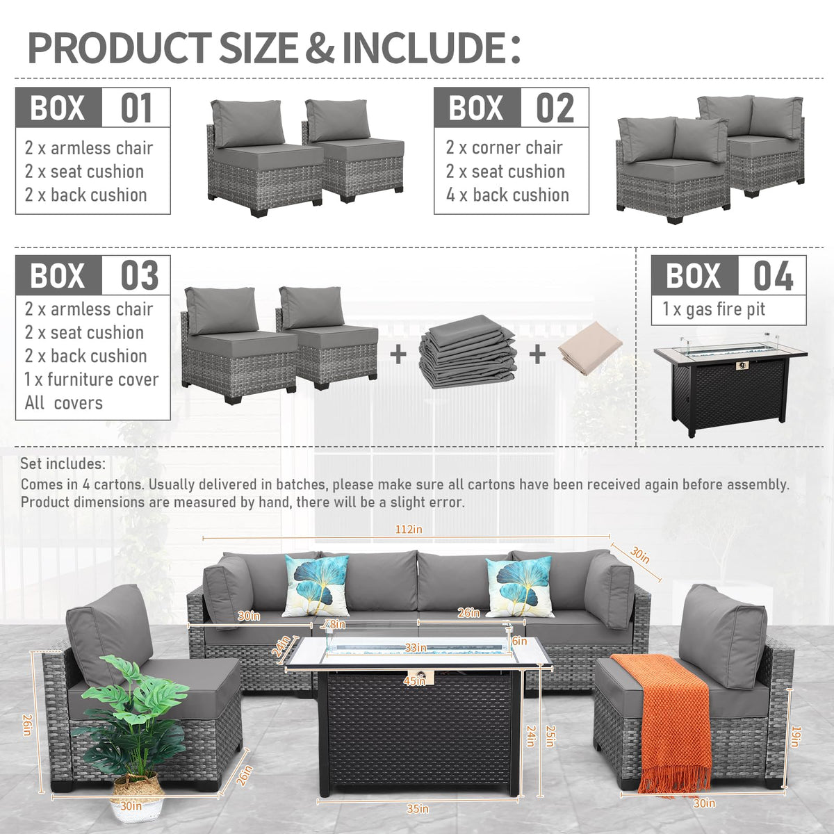 7 Pieces Wicker Patio Furniture Set with Fire Pit Table R959