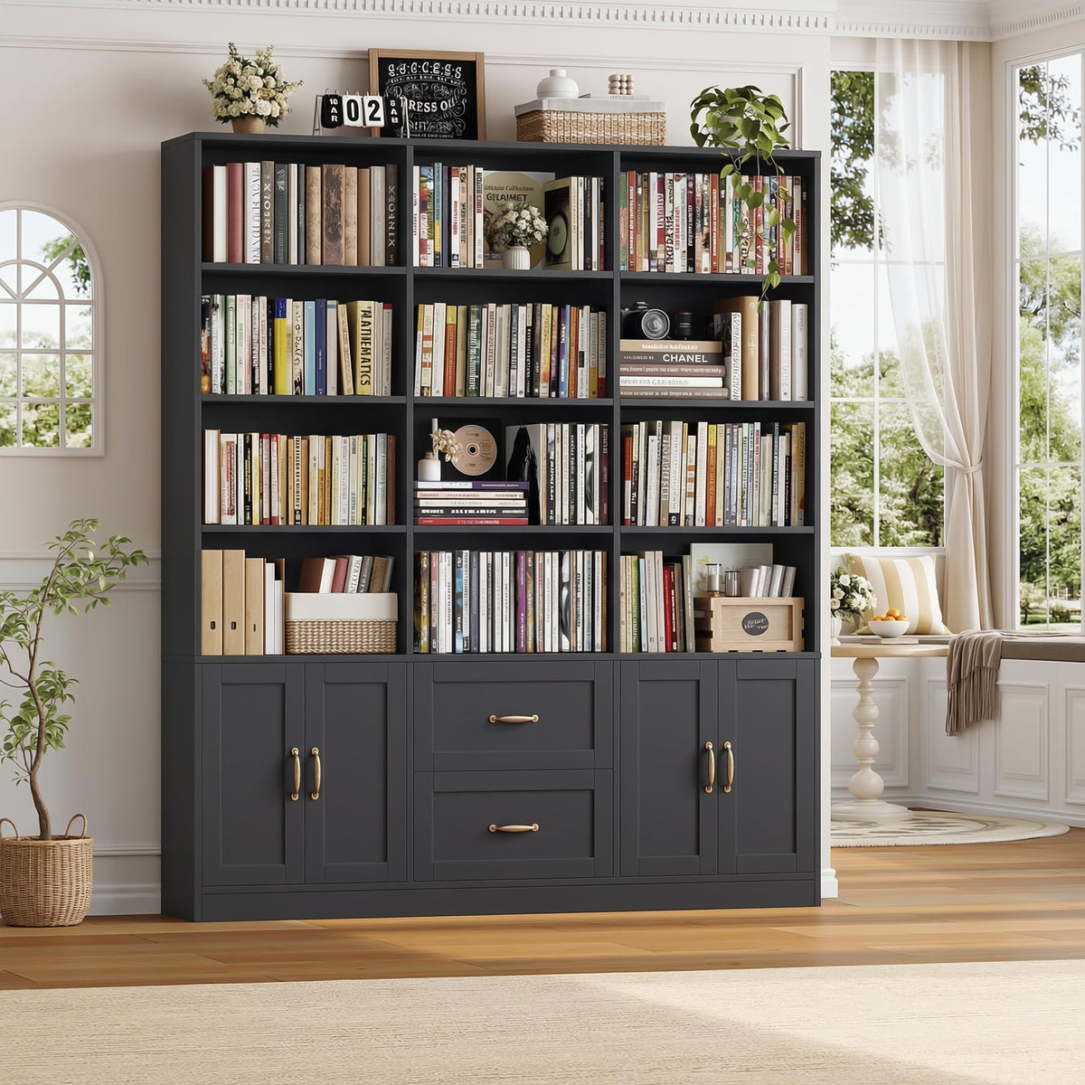 Black Tall Bookshelf with Storage Drawers & Doors Y9476