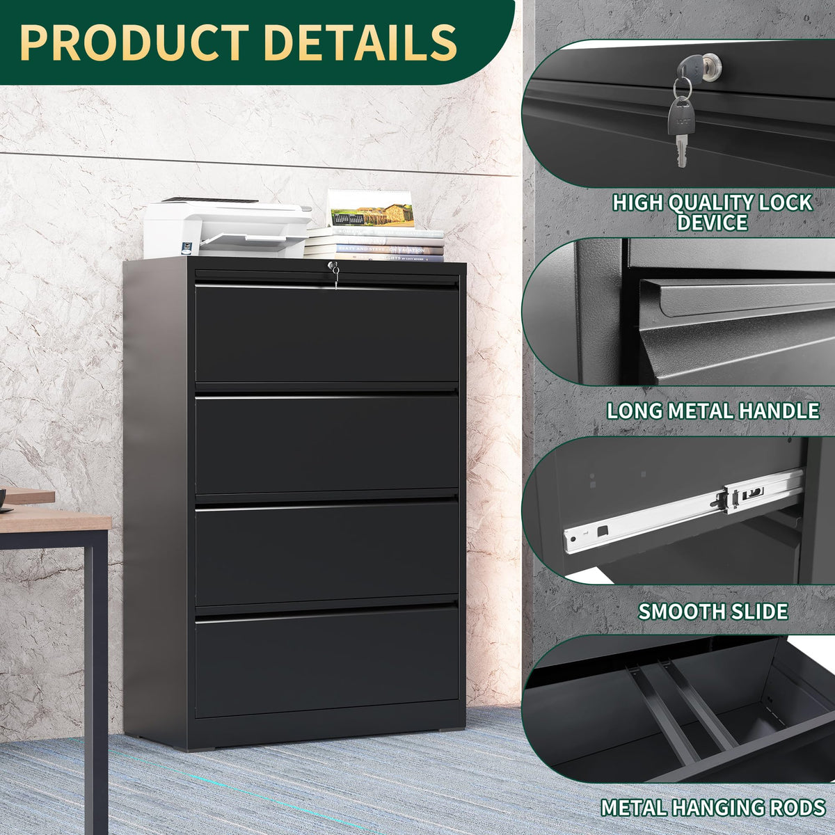 Black 4 Drawer Metal File Cabinet with Lock T868373
