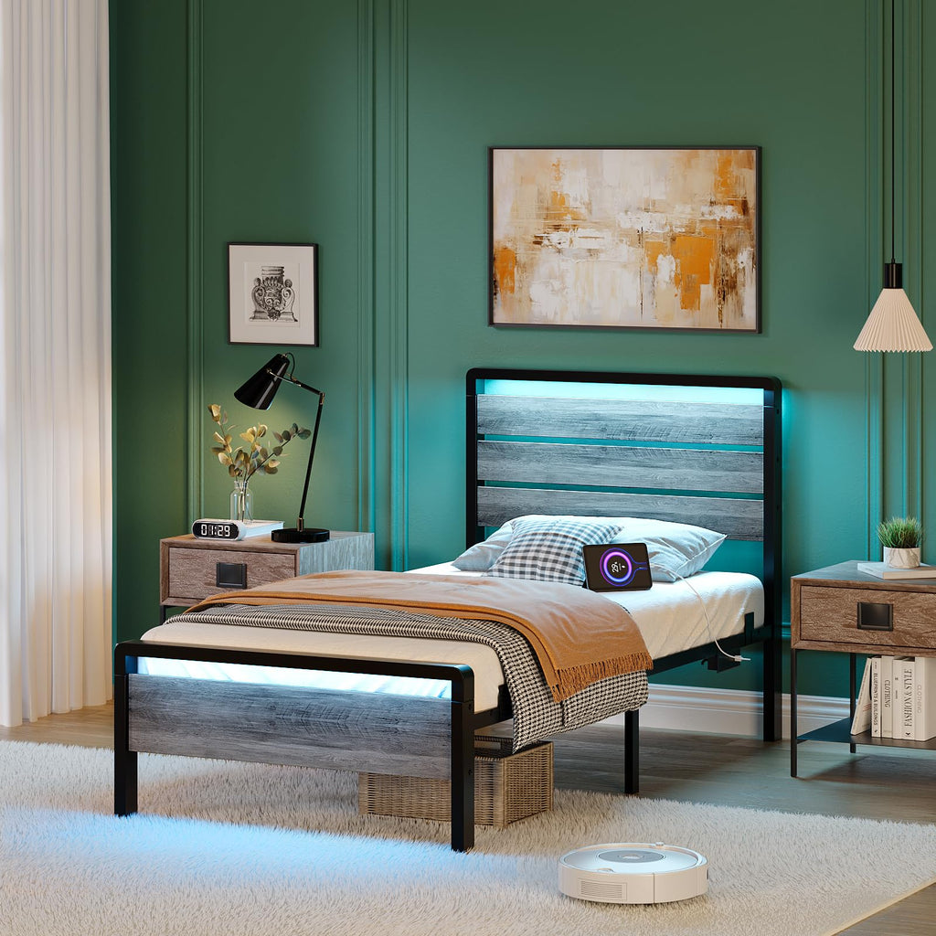 Twin Bed Frame Set of 2 with LED Headboard and USB Charging Station A4772