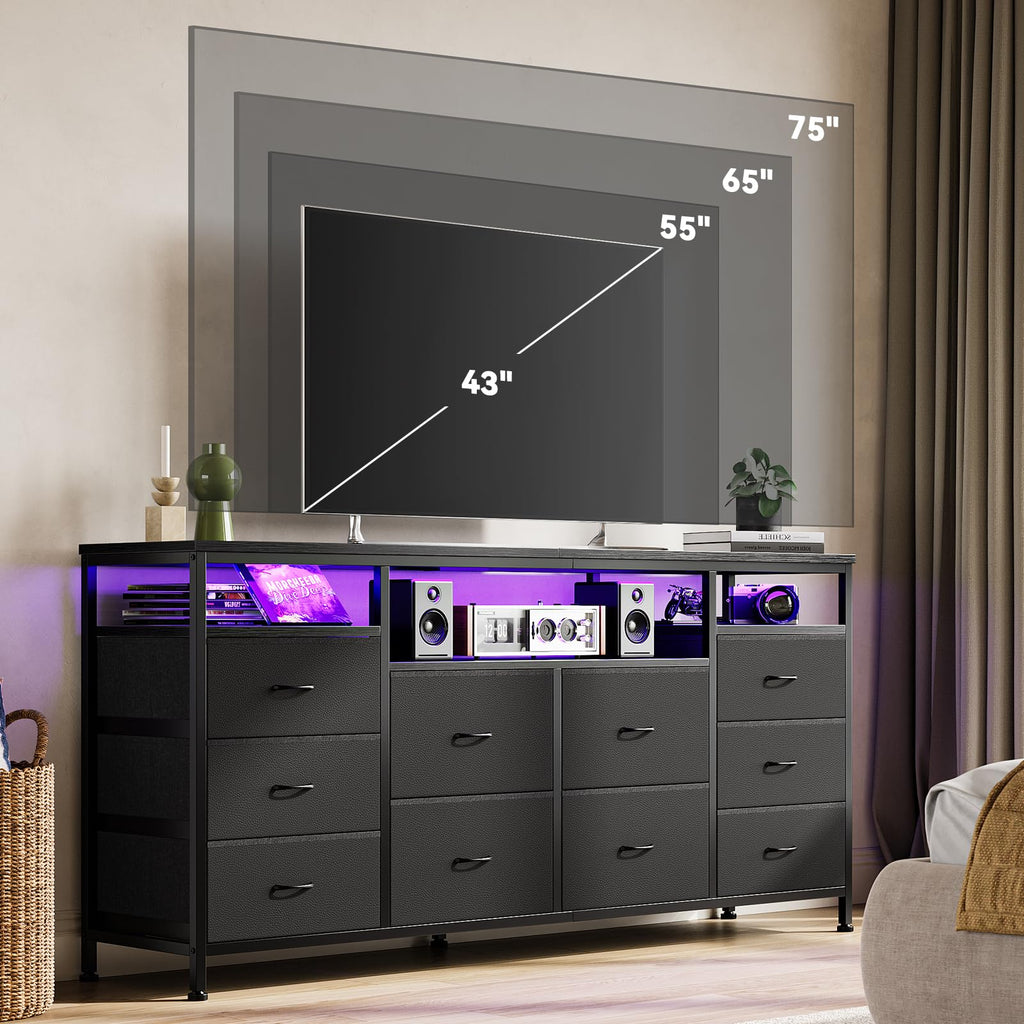 Black 10 Fabric Drawer Dresser with LED Lights & Power Outlets A81817