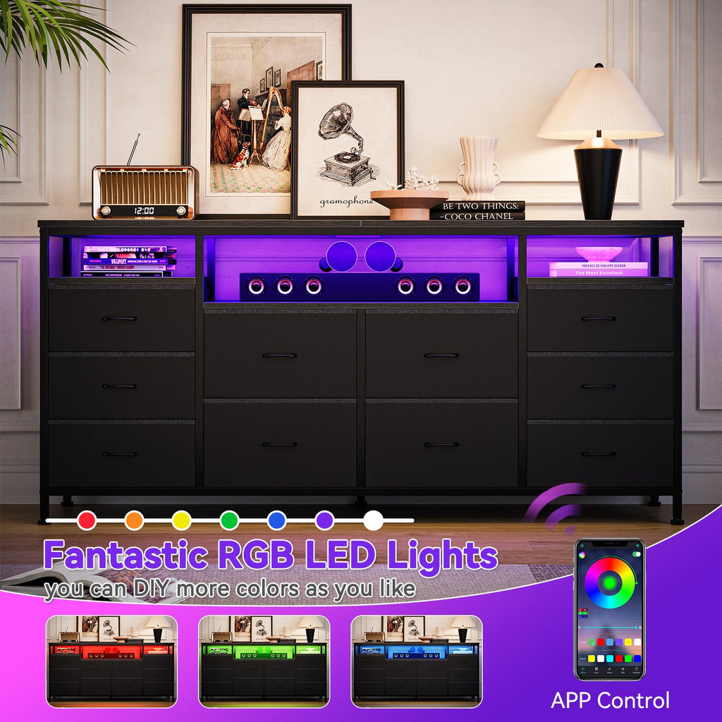 Black 10 Fabric Drawer Dresser with LED Lights & Power Outlets A81817