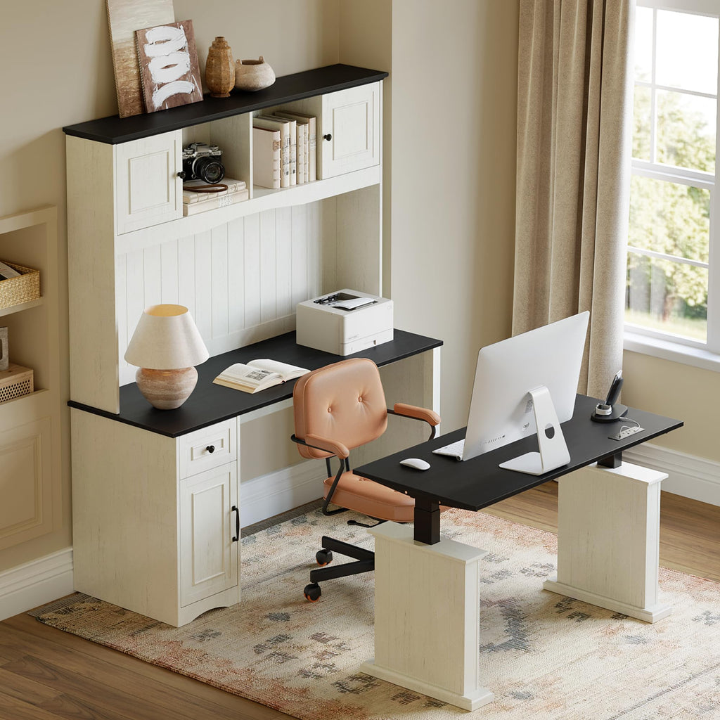 L Shaped Electric Standing Desk with Hutch and Drawers, Antique White K76885