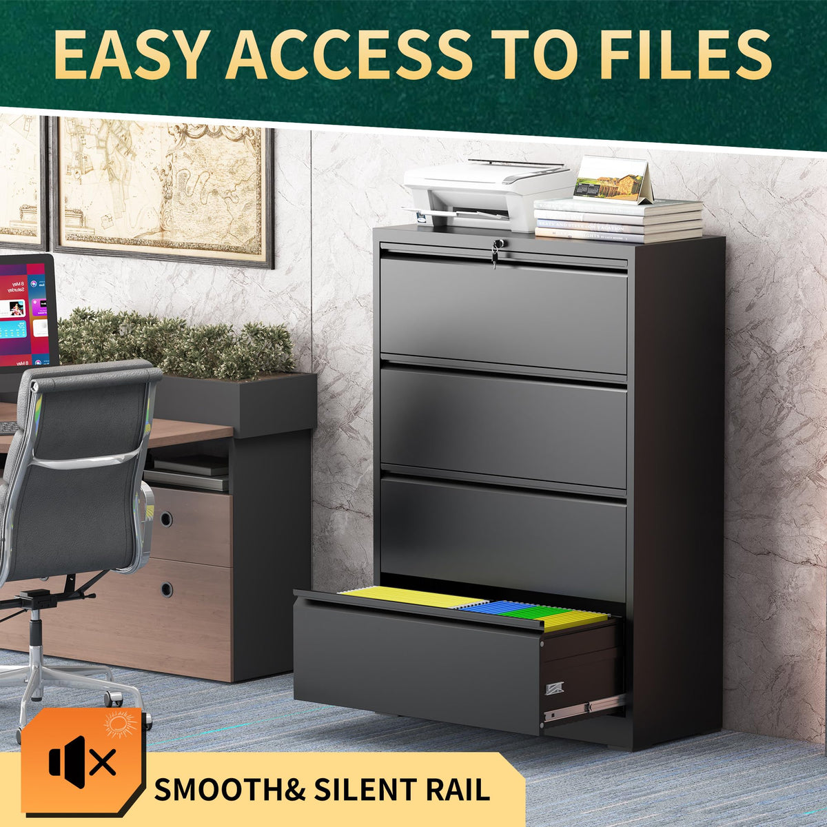 Black 4 Drawer Metal File Cabinet with Lock T868373