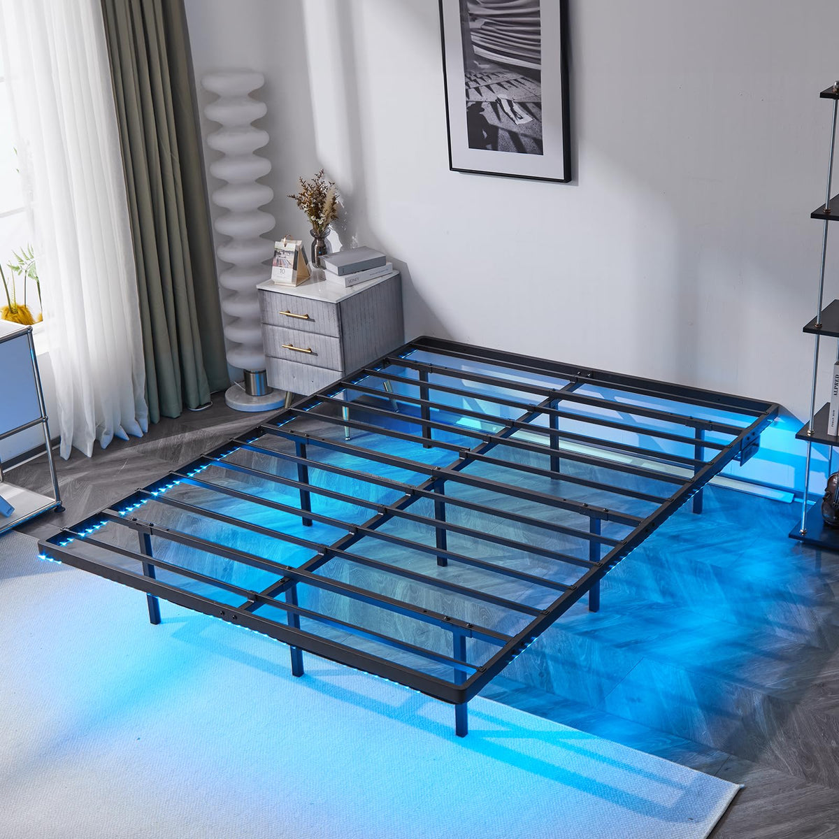 14 Inch Full Floating Bed Frame with USB Charging Station and LED Lights J9373
