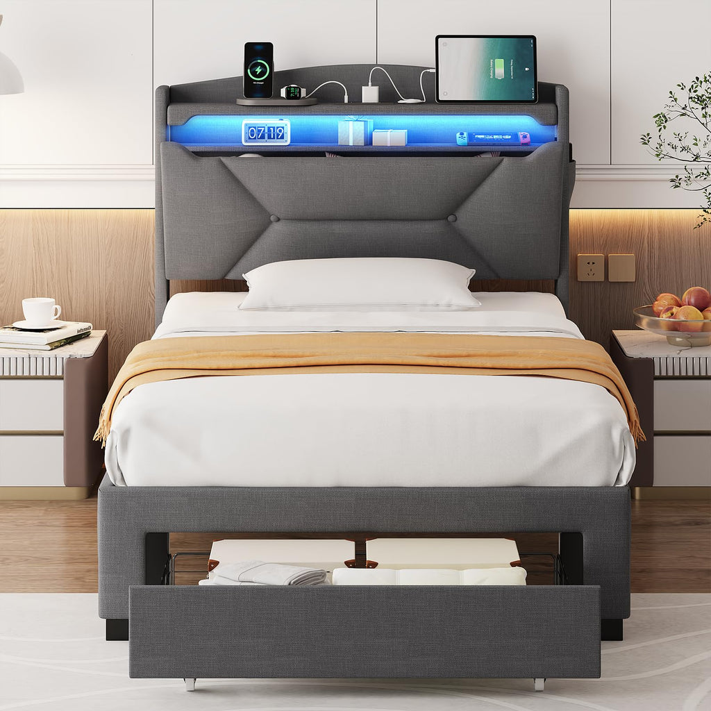 Twin Size Upholstered Bed Frame with Storage Headboard and Drawers T2859