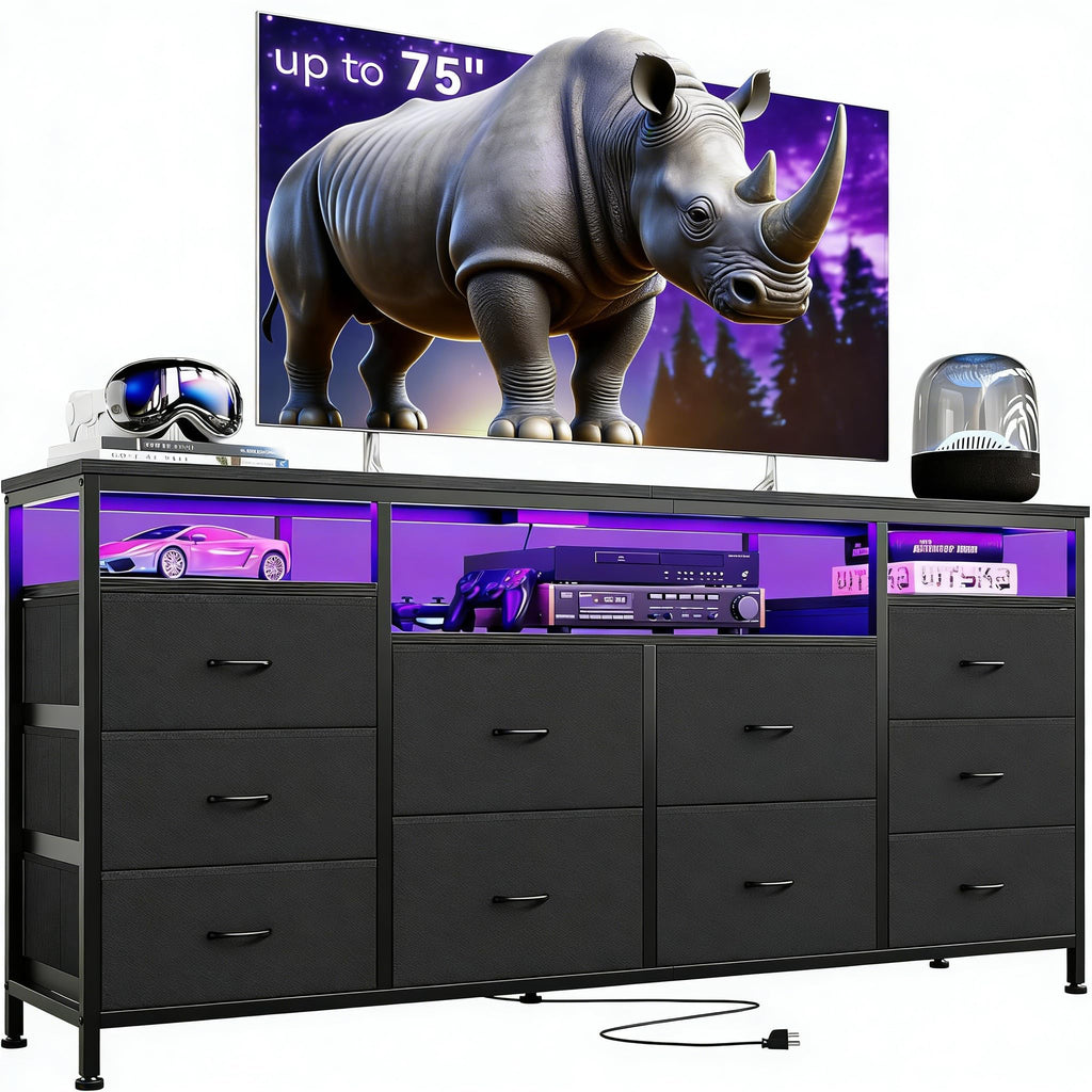 Black 10 Fabric Drawer Dresser with LED Lights & Power Outlets A81817