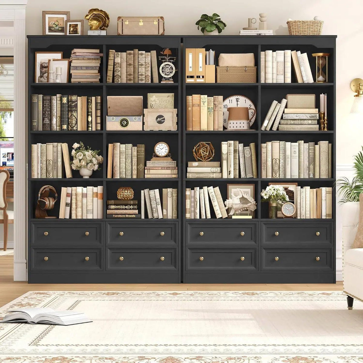 71" Tall Black Bookshelf with 4 Drawers H6888