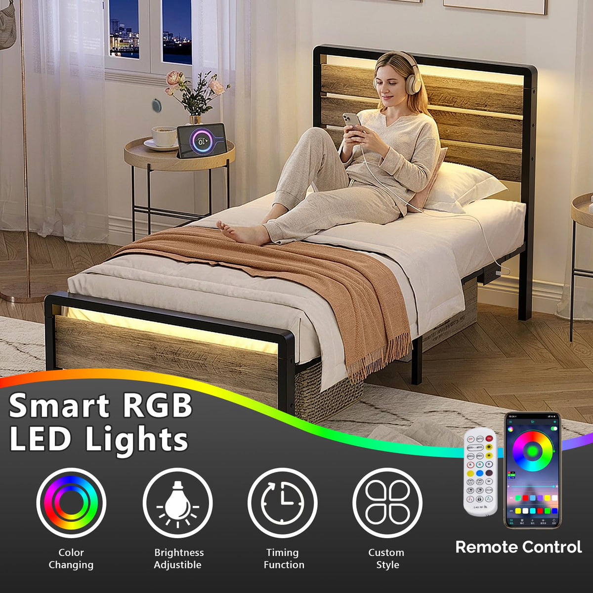 Twin Bed Frame Set of 2 with LED Headboard and USB Charging Station A4772
