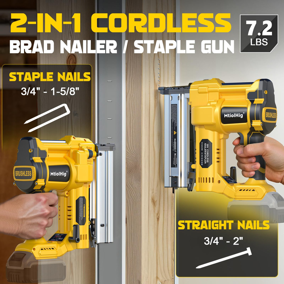 Cordless 2" Brad Nailer, 18 Gauge 2-in-1 Nail Gun/Staple Gun I324