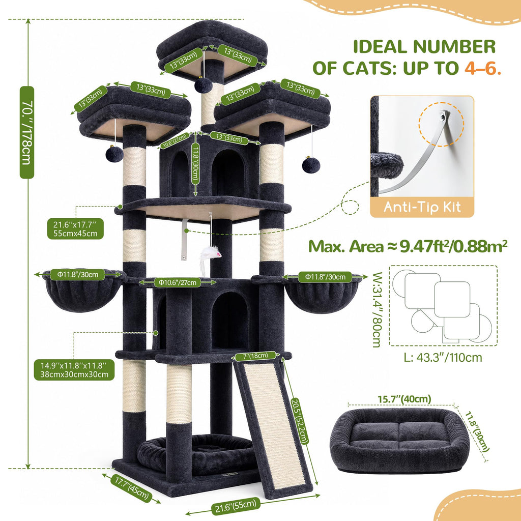 70 Inch Dark Gray Cat Tree with Scratching Post N918532