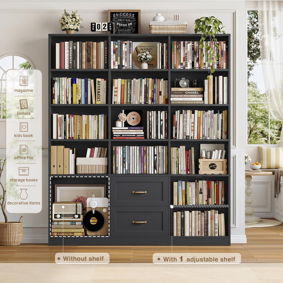 Black Tall Bookshelf with Storage Drawers & Doors Y9476