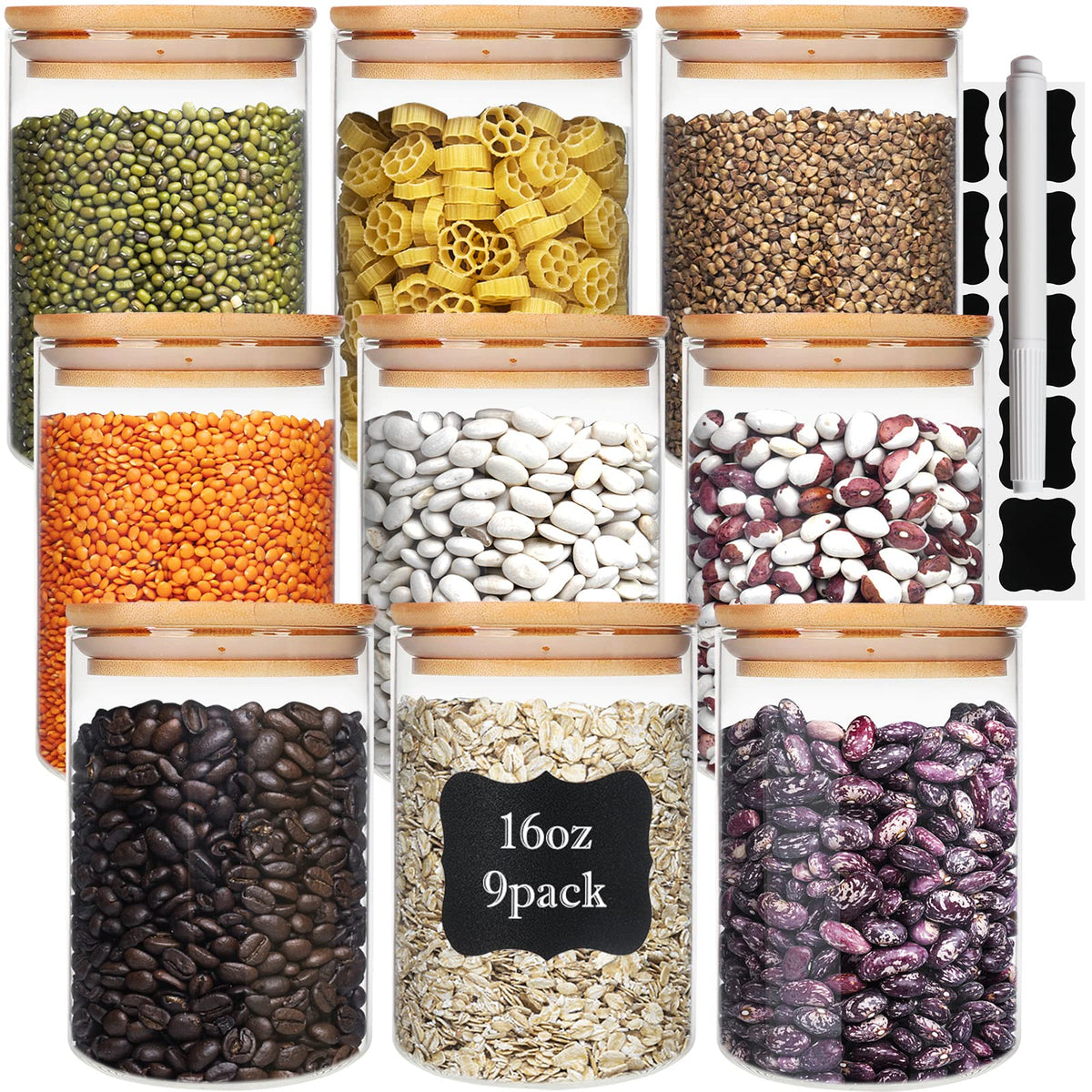 9 Pack 16 oz Glass Jars with Airtight Bamboo Lids X638