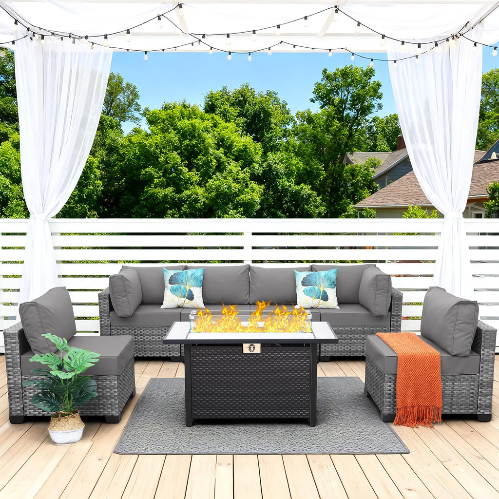 7 Pieces Wicker Patio Furniture Set with Fire Pit Table R959