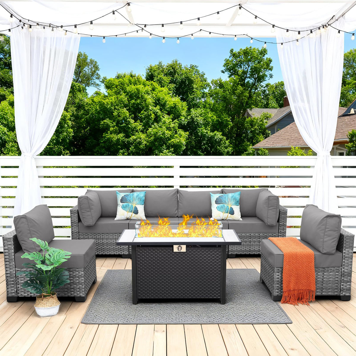 7 Pieces Wicker Patio Furniture Set with Fire Pit Table R959