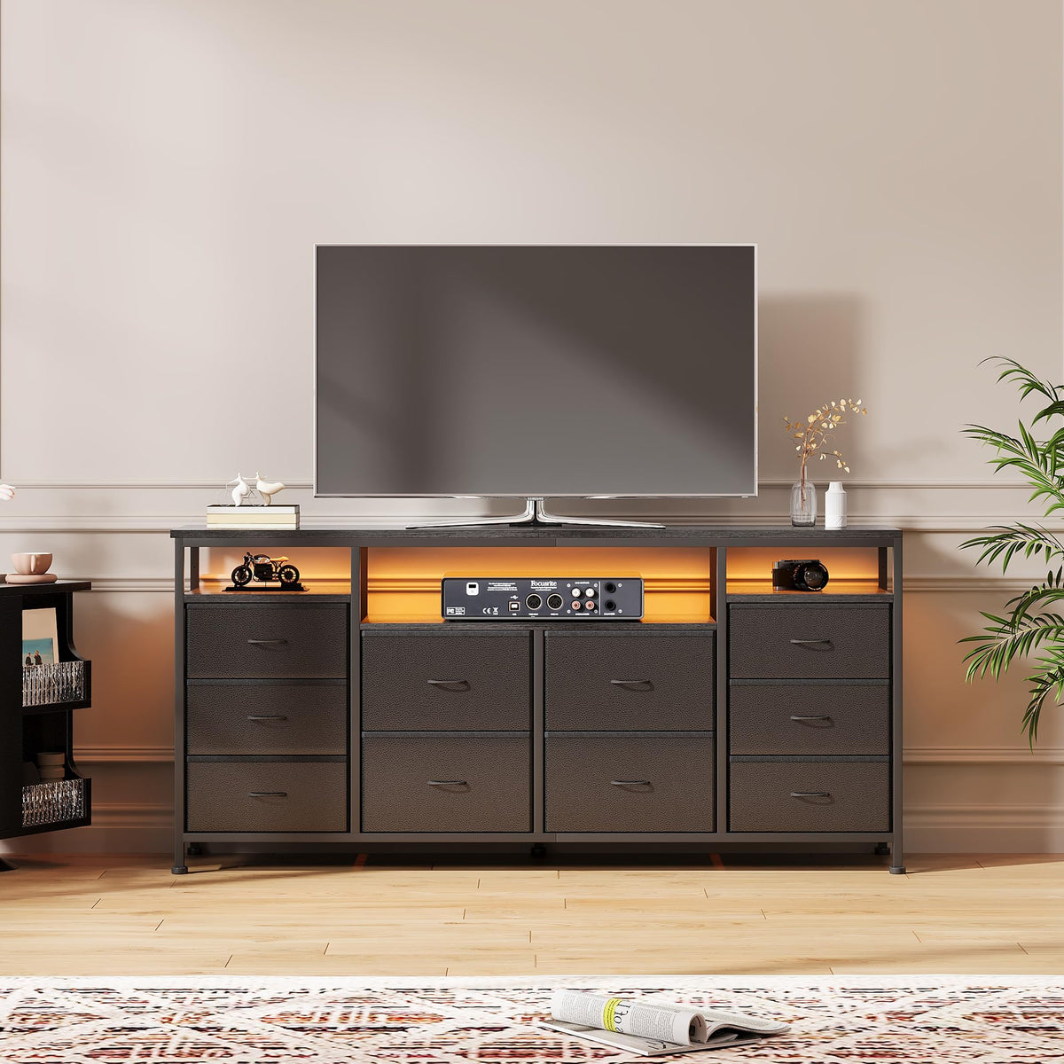 Black 10 Fabric Drawer Dresser with LED Lights & Power Outlets A81817