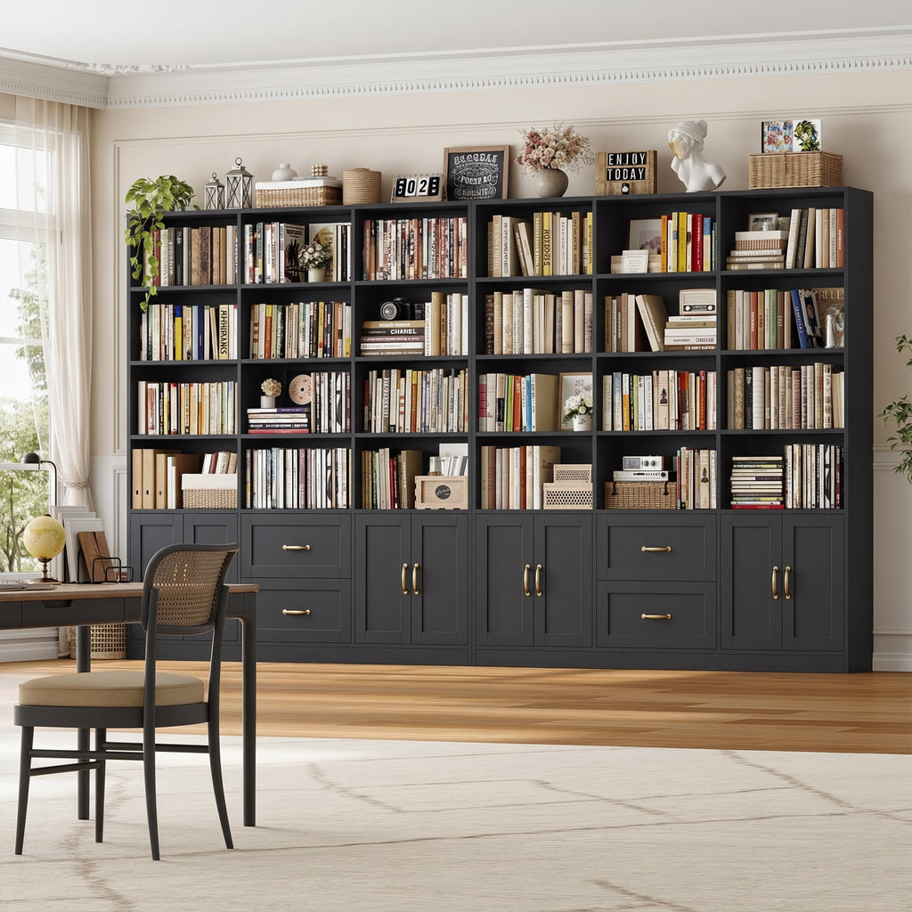 Black Tall Bookshelf with Storage Drawers & Doors Y9476