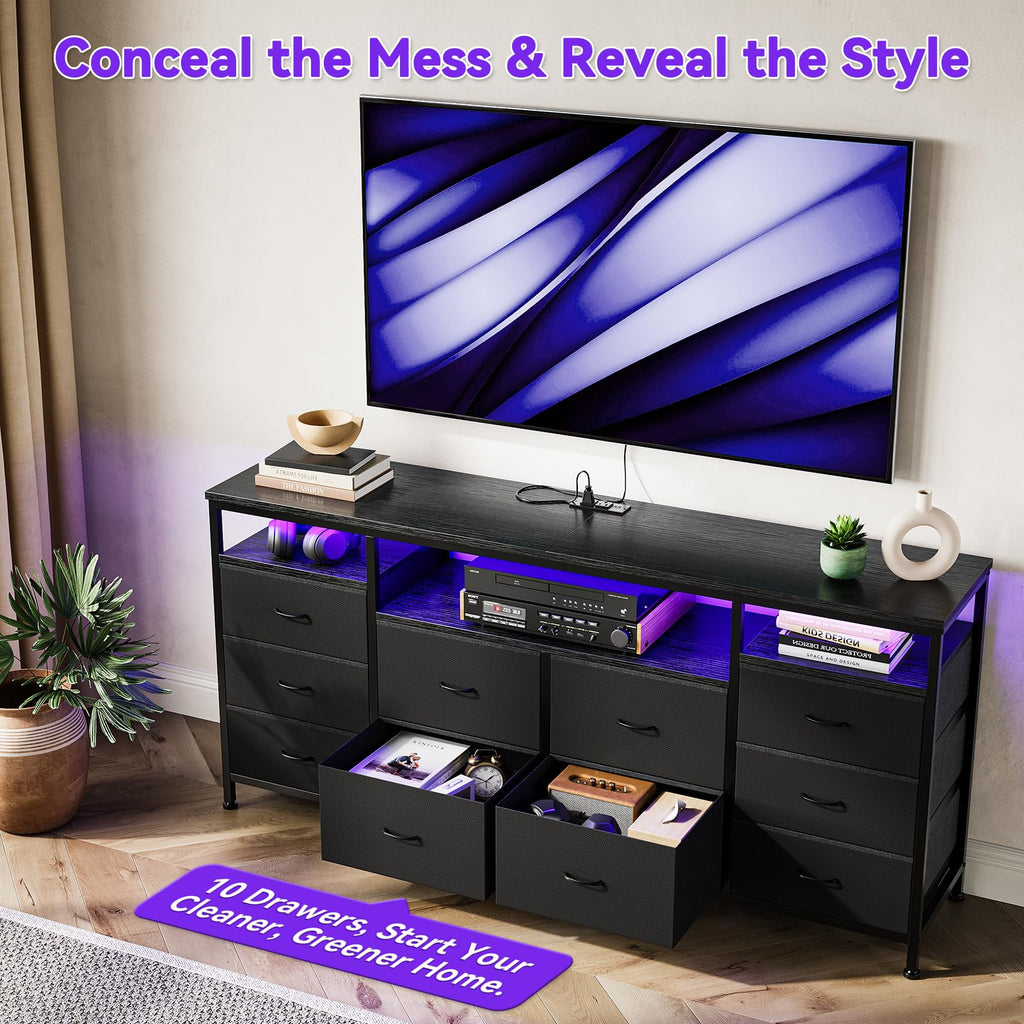 Black 10 Fabric Drawer Dresser with LED Lights & Power Outlets A81817