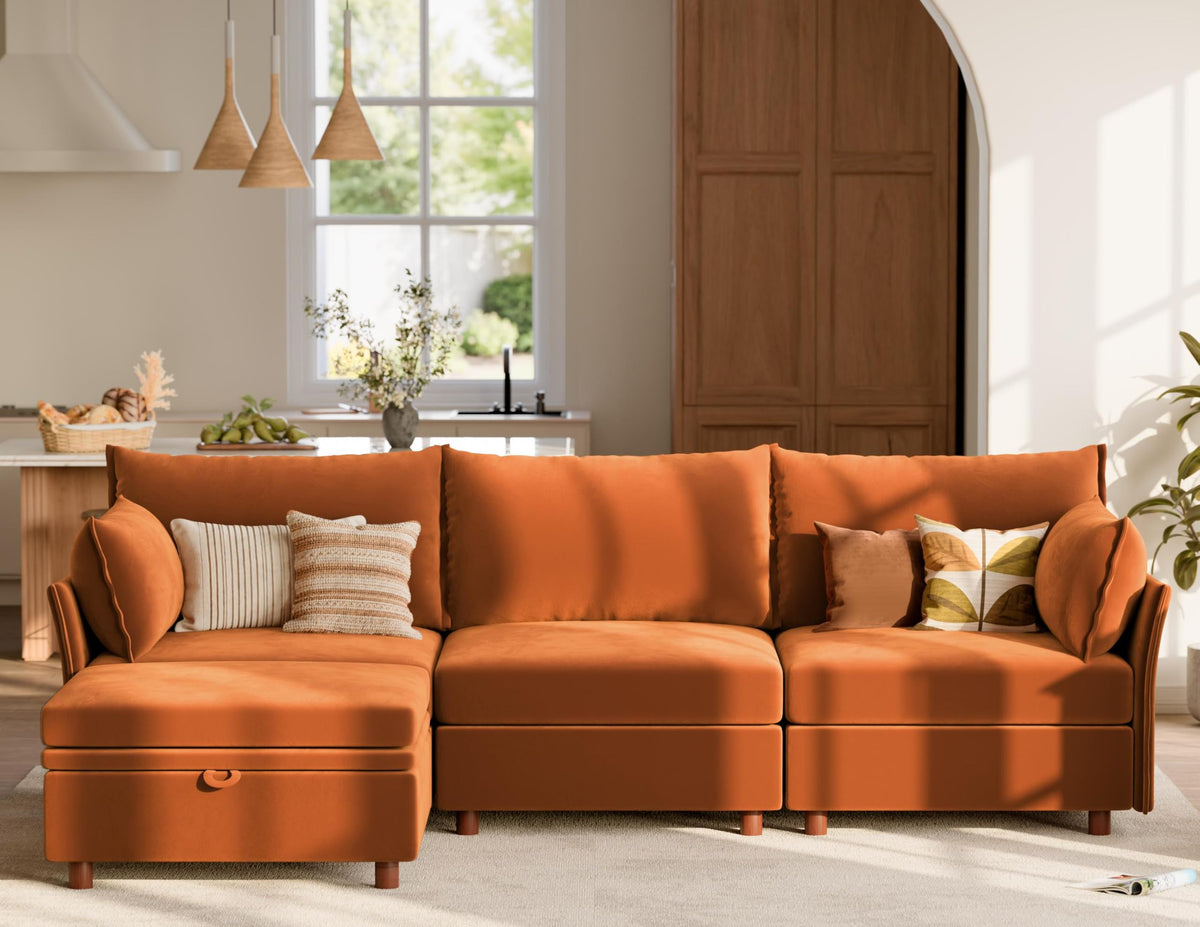 102.6" L Shaped 4 Seater Velvet Sectional Sofa with Storage Ottoman R671