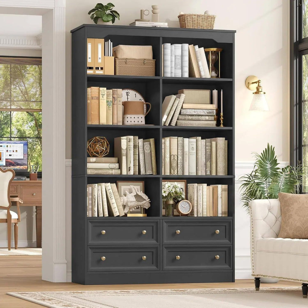 71" Tall Black Bookshelf with 4 Drawers H6888