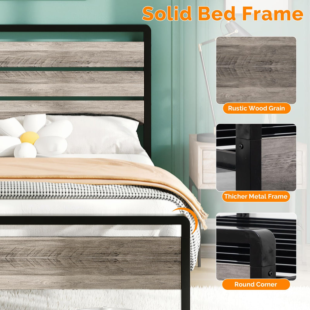 Twin Bed Frame Set of 2 with LED Headboard and USB Charging Station A4772