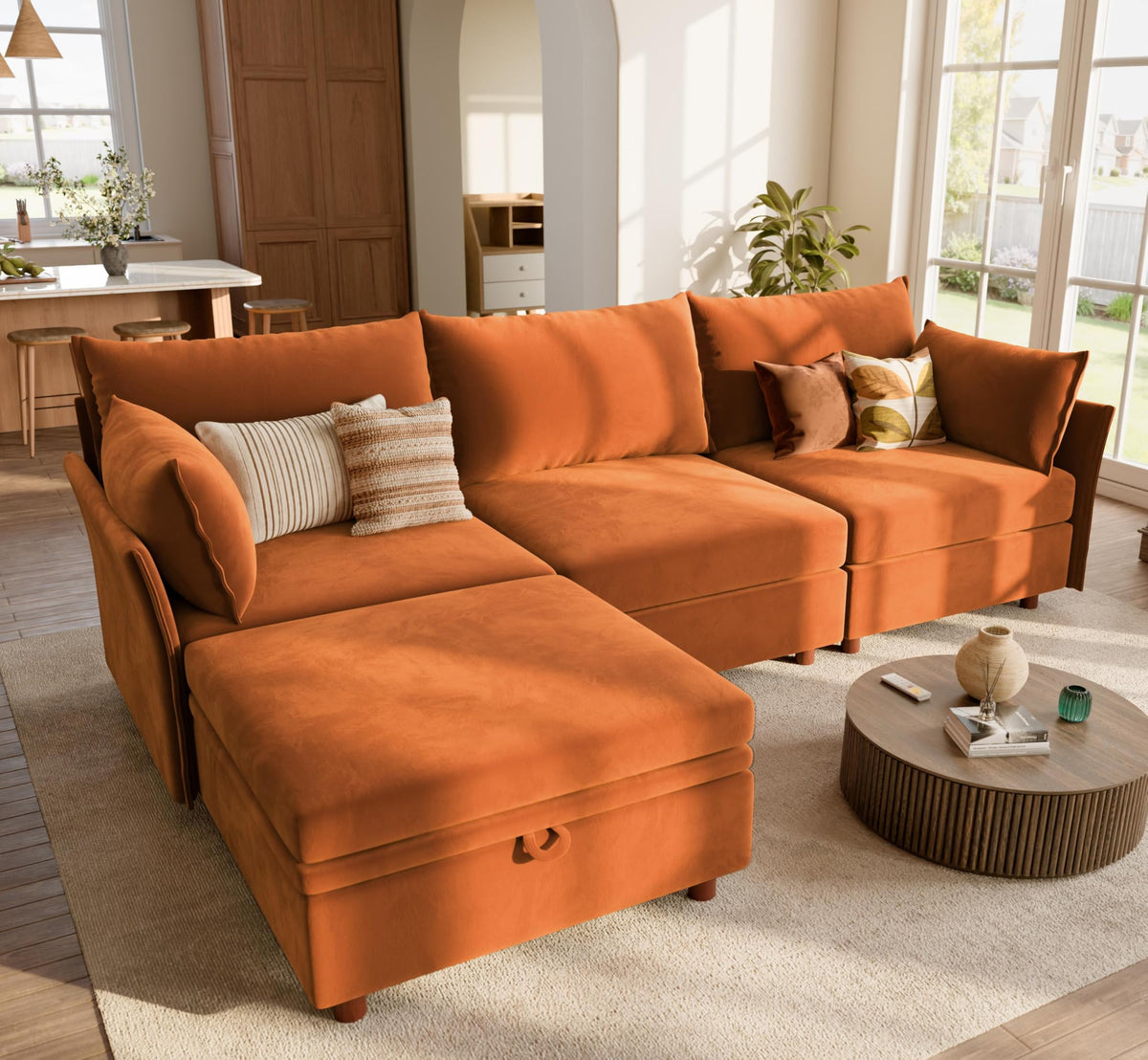102.6" L Shaped 4 Seater Velvet Sectional Sofa with Storage Ottoman R671