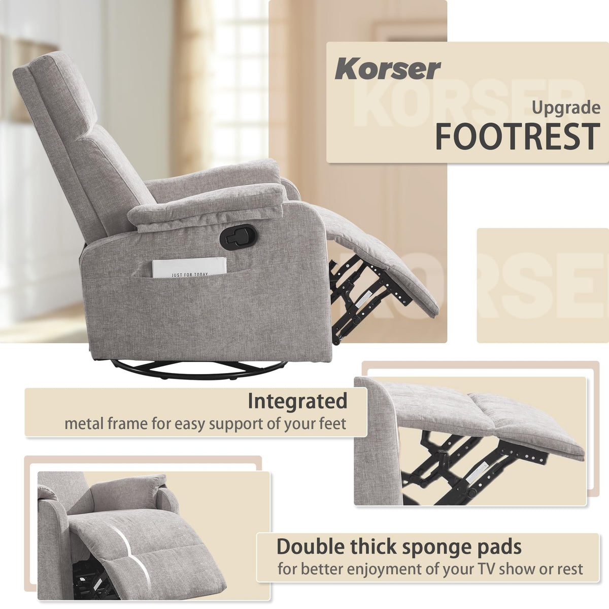 Chenille Grey Swivel Rocking Recliner Chair H2168