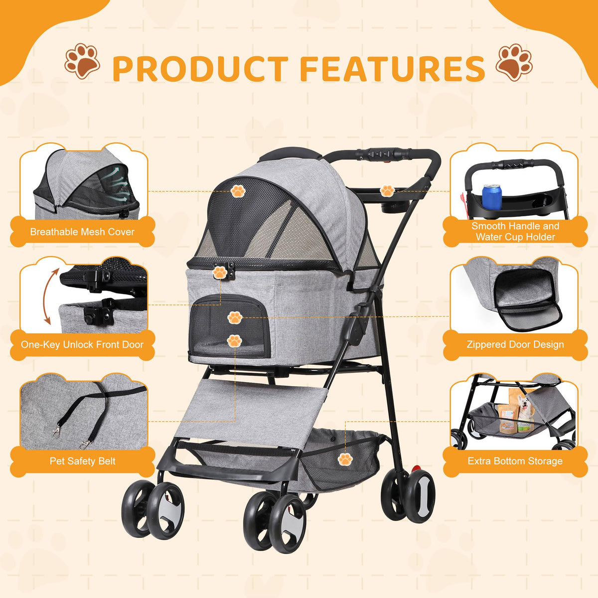 3 in1 Foldable Pet Stroller with 4 Wheels T2410