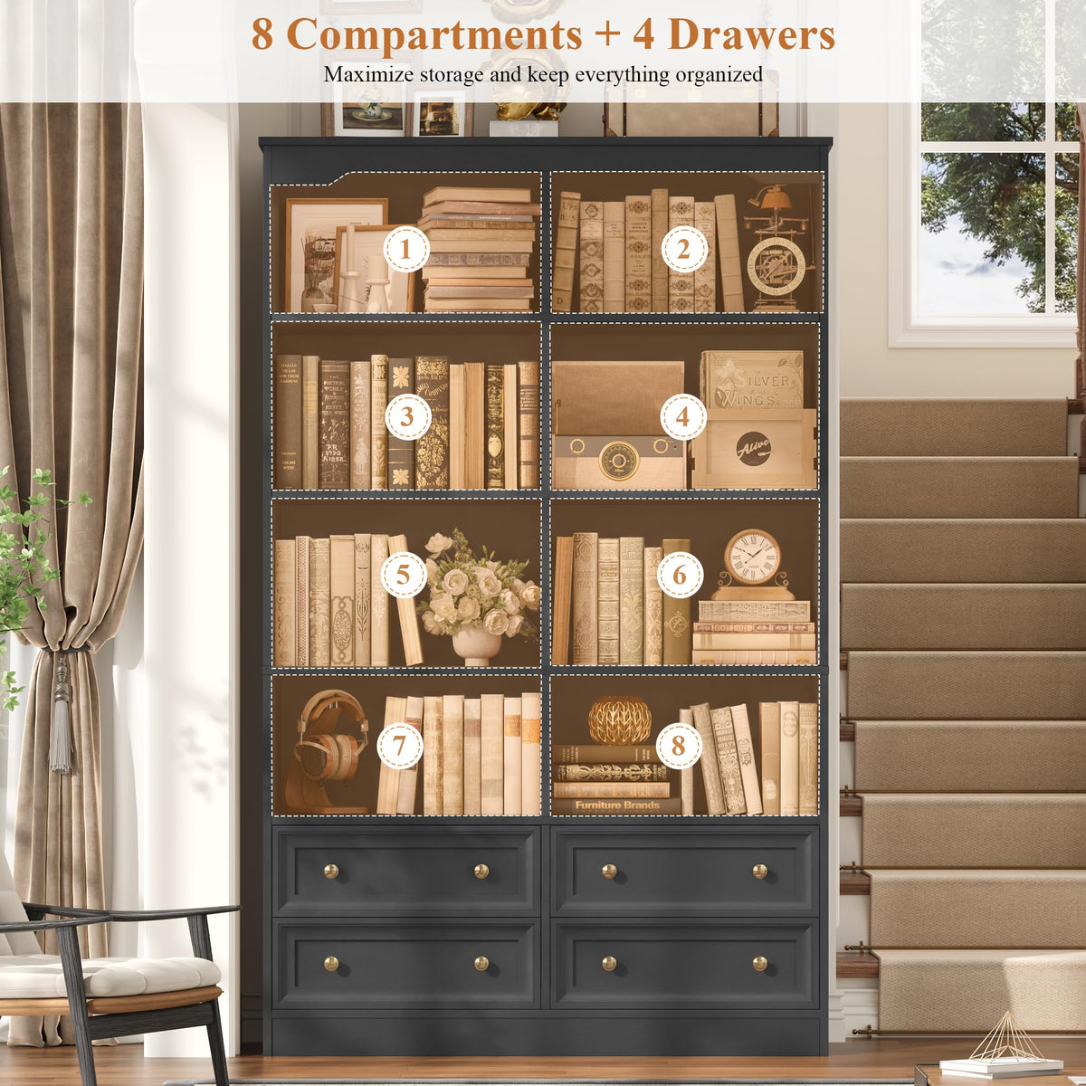 71" Tall Black Bookshelf with 4 Drawers H6888