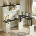 L Shaped Electric Standing Desk with Hutch and Drawers, Antique White K76885
