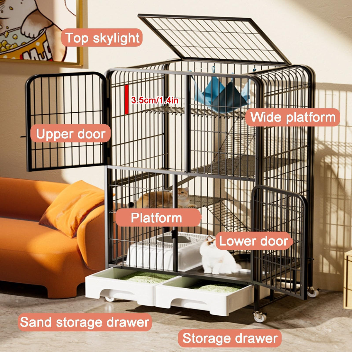 4-Tier Metal Cat Cage with Litter Box and Hammock Z2384