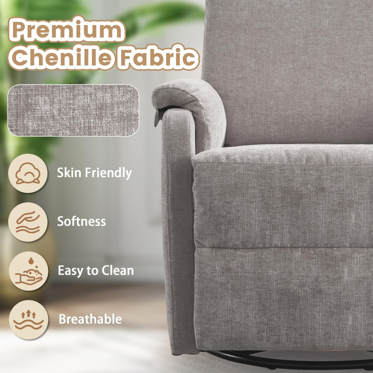 Chenille Grey Swivel Rocking Recliner Chair H2168