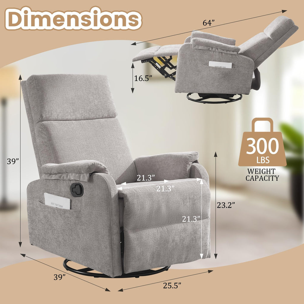 Chenille Grey Swivel Rocking Recliner Chair H2168