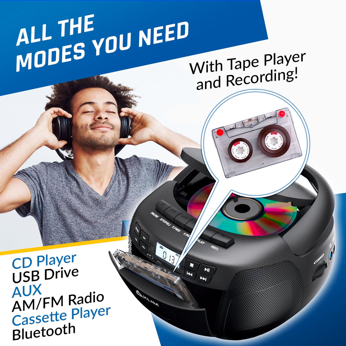 CD Cassette Player with Bluetooth AM FM Radio USB Drive K303421